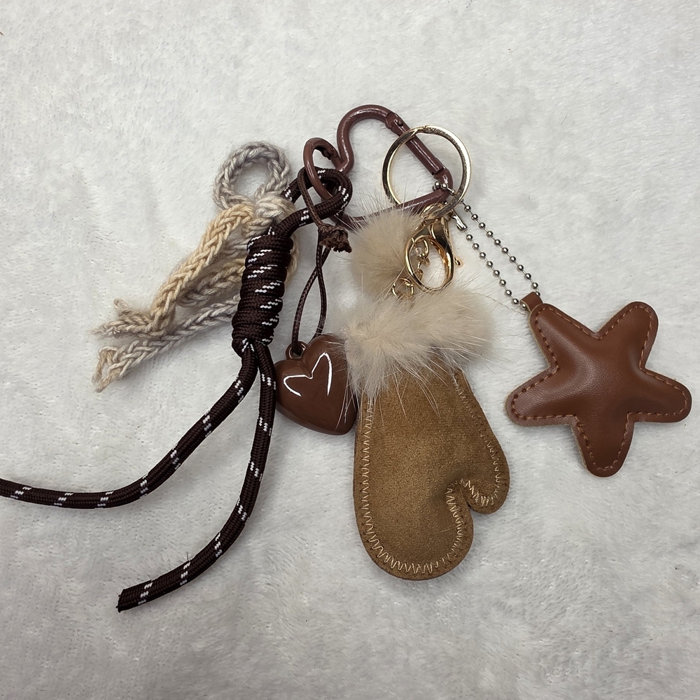 Brown Faux-Fur Trim Suede Mitten & Star Charm Keychain